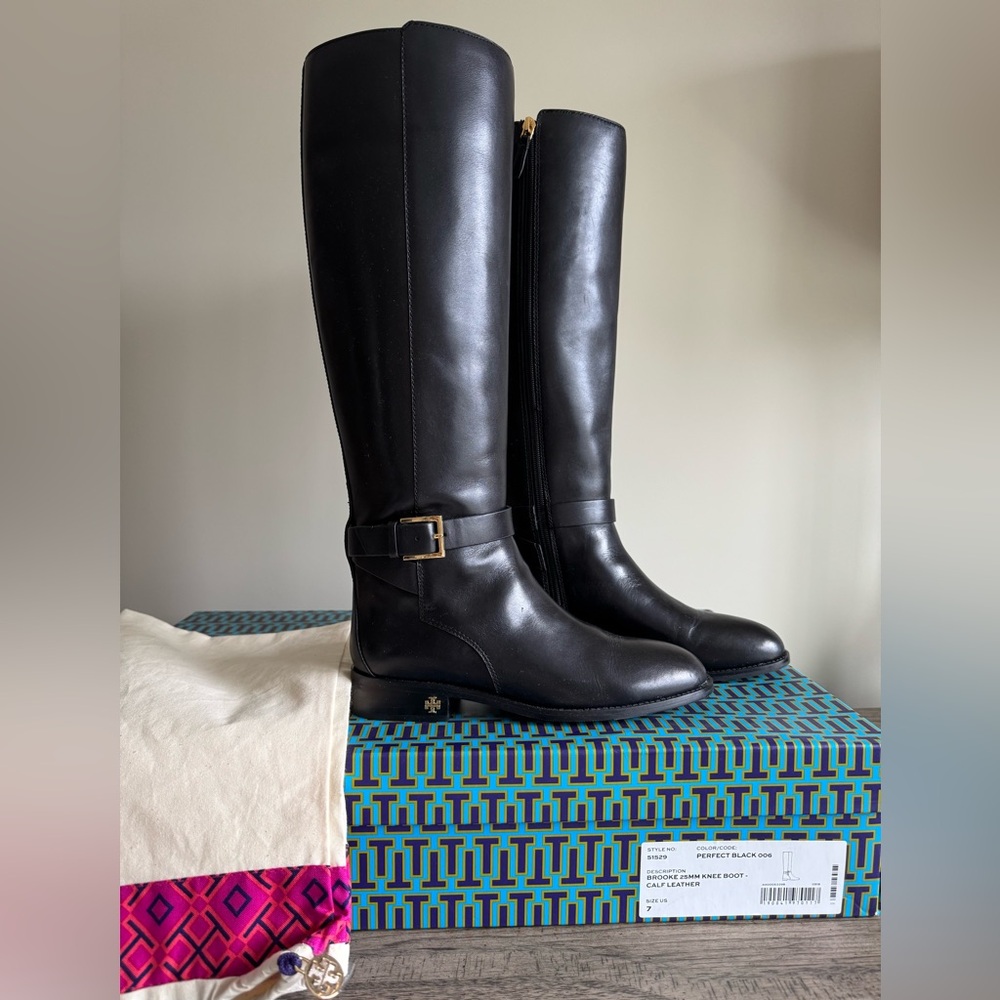 Tory Burch Black Leather Riding Boots Brooke 25mm Knee Boot Calf Leather Size 7